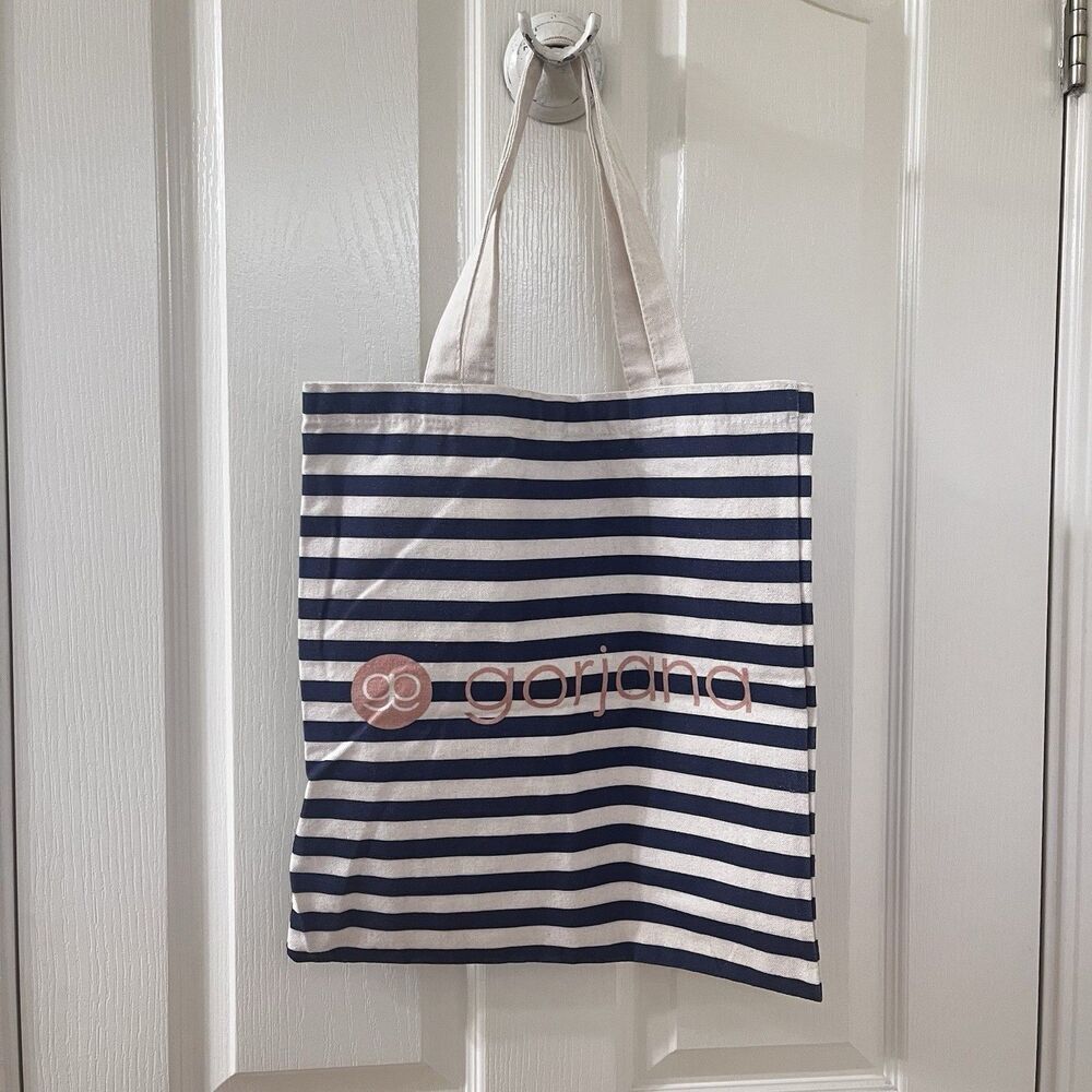 Gorjana Blue and Off-White Striped Canvas Logo Reusable Shopping Tote Bag